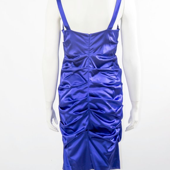 NICOLE MILLER Blue Cocktail Party Dress Pencil Rusched Satin Mew12 Medium - Picture 5 of 6